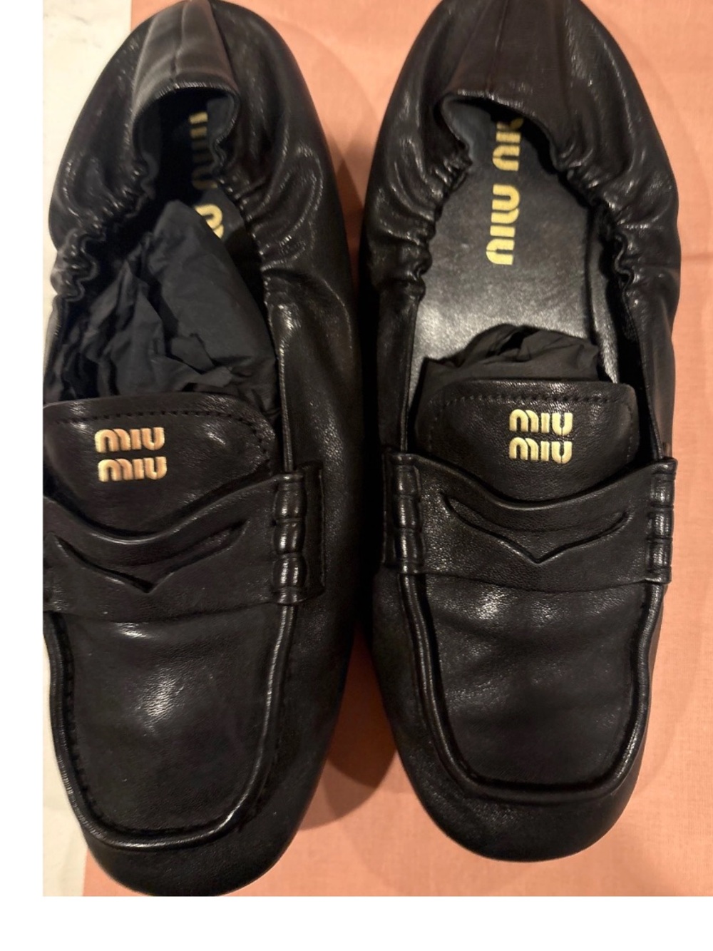 Miu Miu Black nappa Leather Ruches Loafers with gold logo size 39 with box - Picture 13 of 16